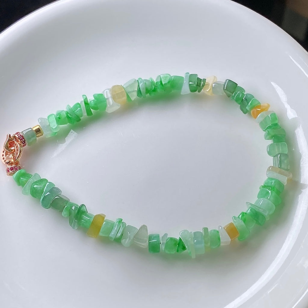 Natural Multi Color Burmese Jadeite Chip Bracelet, Icy Green Yellow White Tri Color Jade Bead Bracelet 14K Gold Filled Clasp Healing Crystal Jewelry Gift For Women