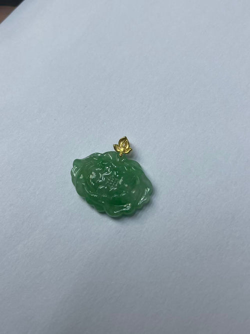Grade A Natural Clear Water Green Lotus Jadeite Pendant With Solid 18K Gold Bail For Women