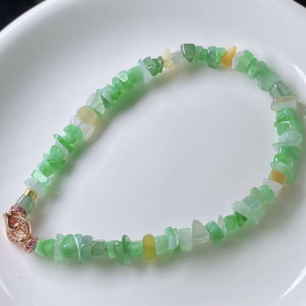 Natural Multi Color Burmese Jadeite Chip Bracelet, Icy Green Yellow White Tri Color Jade Bead Bracelet 14K Gold Filled Clasp Healing Crystal Jewelry Gift For Women