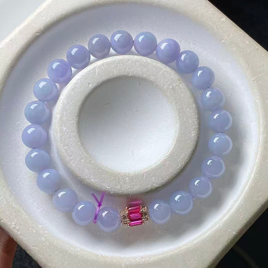 Grade A Natural Burmese Lavender Violet Jadeite Round Bead Bracelet, Icy Waxy Translucent Purple Jade Bracelet with GID Gemstone Certificate 14K Gold Inlaid Pink Tourmaline Charm Healing Crystal Jewelry Gift For Women