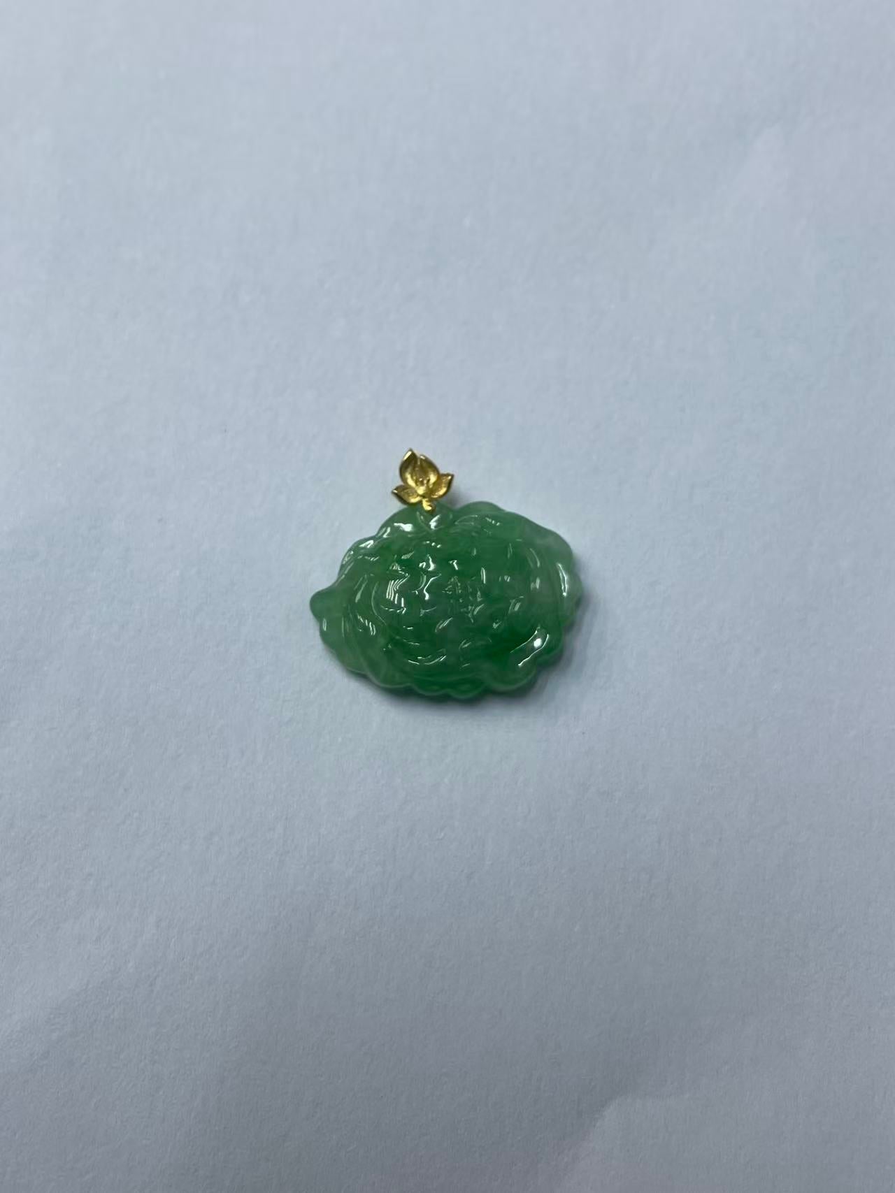 Grade A Natural Clear Water Green Lotus Jadeite Pendant With Solid 18K Gold Bail For Women